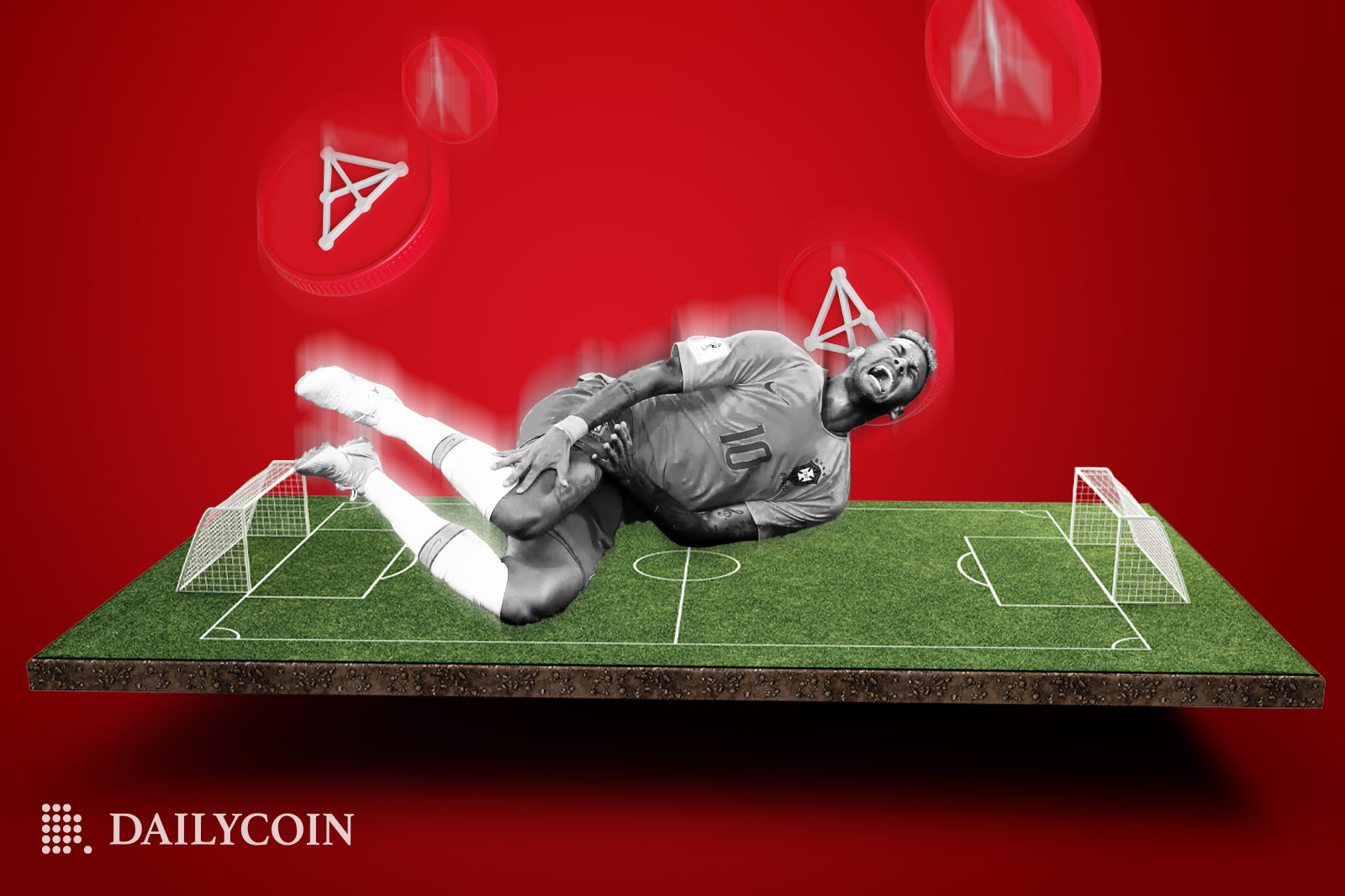Injured Neymar is laying on the green football stadium grass while Chiliz coins fall in a red background.