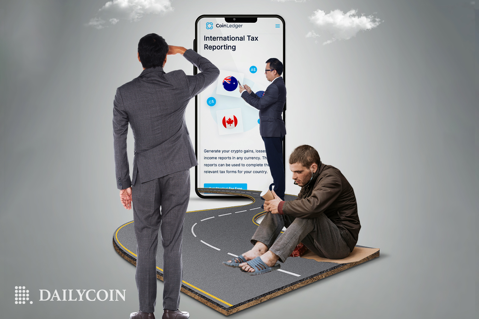 Businessmen struggling with crypto tax and discovering CoinLedger's tool