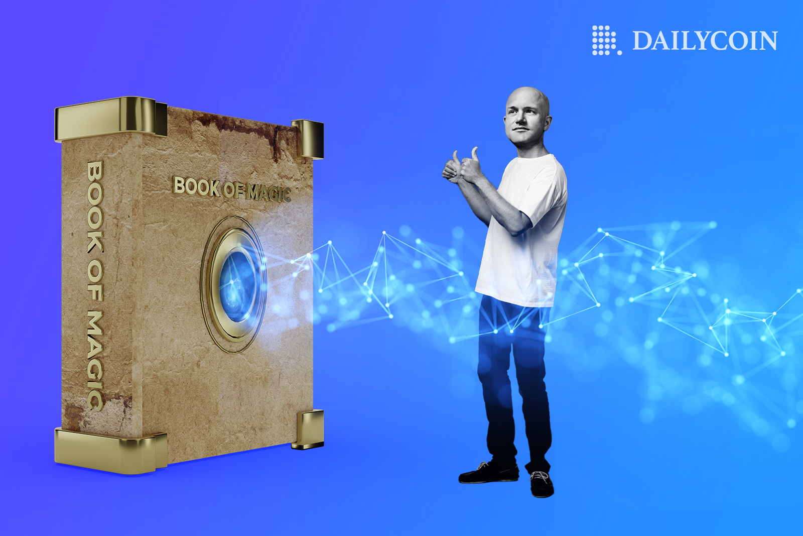 Brian Armstrong giving thumbs up to a magical book that emits some sort of blockchain magic.