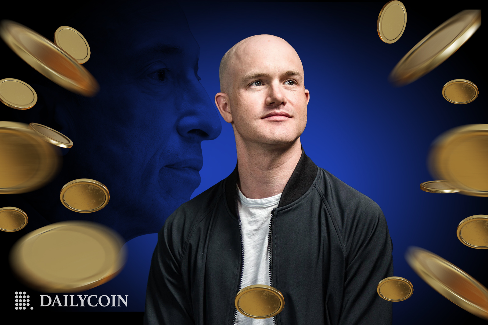 Coinbase CEO Brian Armstrong surrounded by crypto coins with SEC chairman Gary Gensler on background.