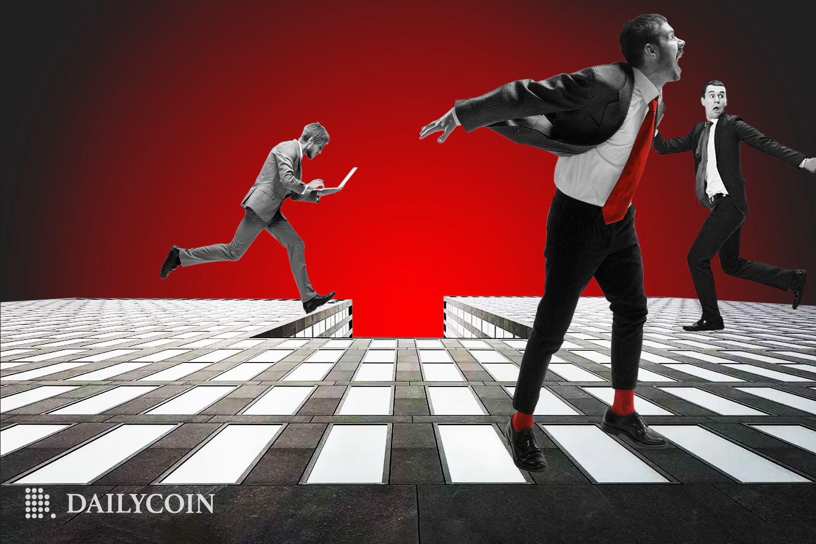 Men running around a city, in panic, representing the Credit Suisse panic.