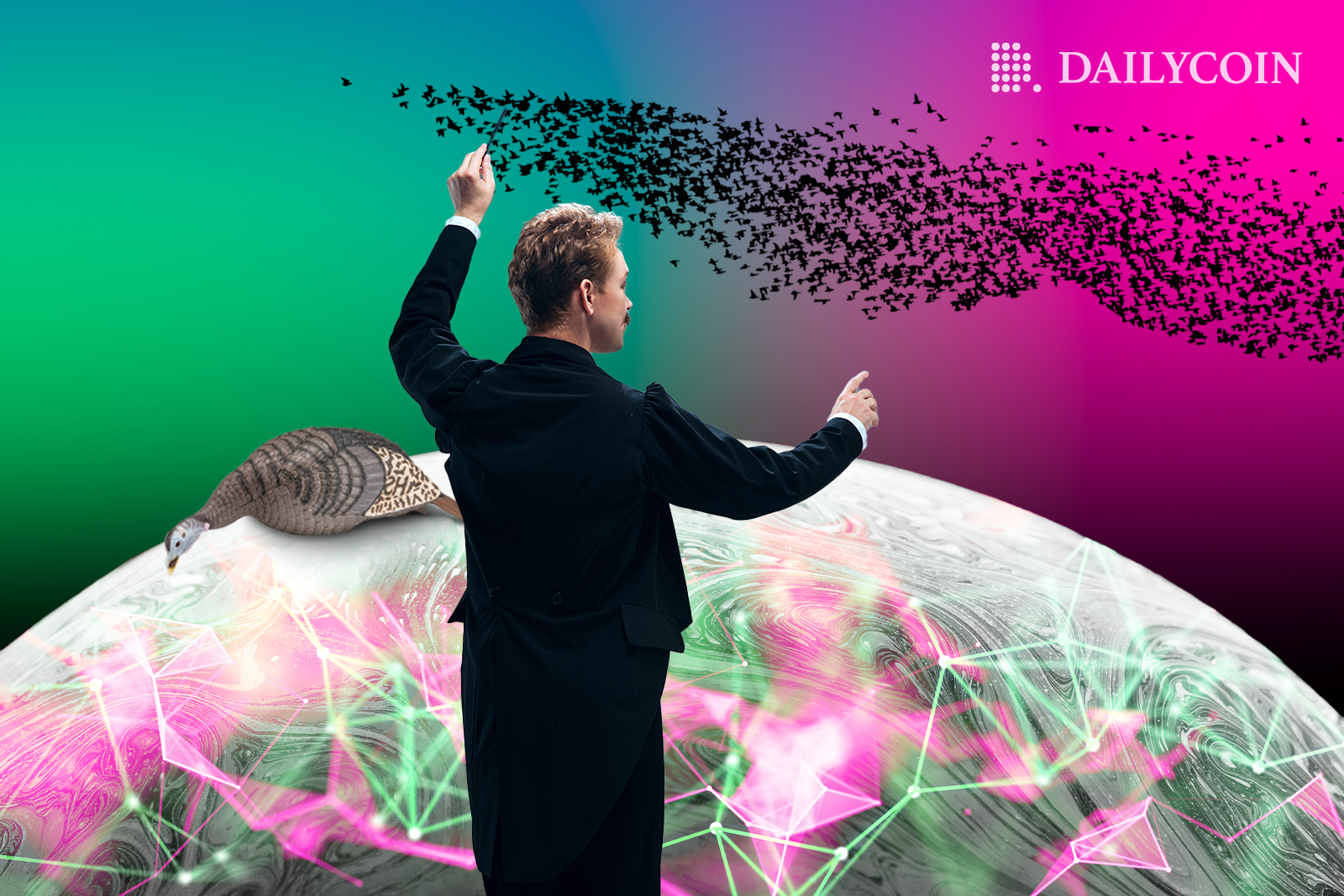 Man directing birds towards an image representing DEXs. Birds represent users flocking after SVB crash.
