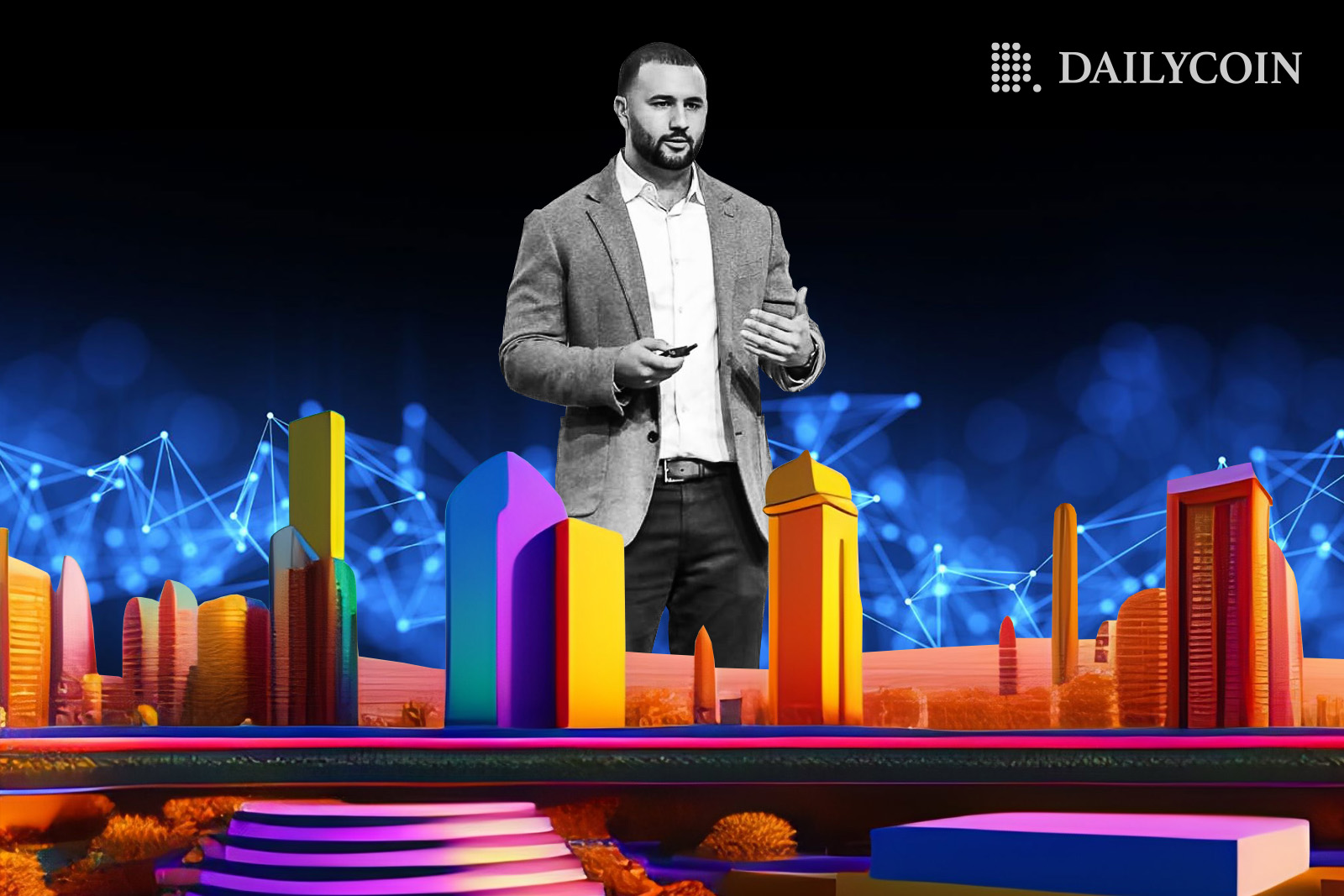 Cuy Sheffield, Visa's head of crypto giving a presentation behind a colorful city landscape.