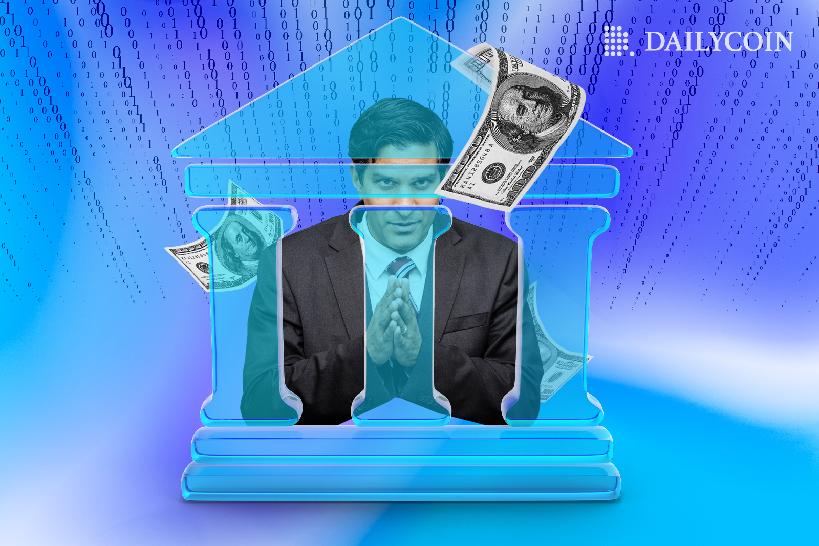 Daleep Singh behind a transparent building icon next to a floating dollar bils.