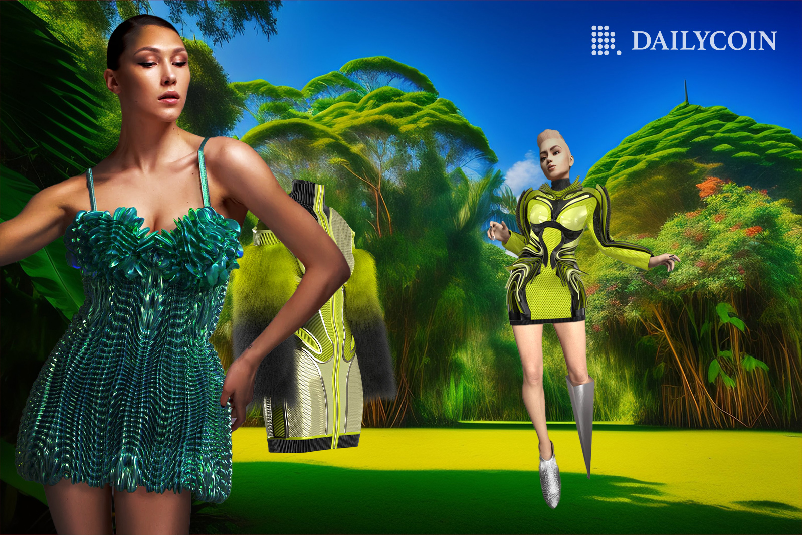 Model posing in DressX NFT dress next to robots. 