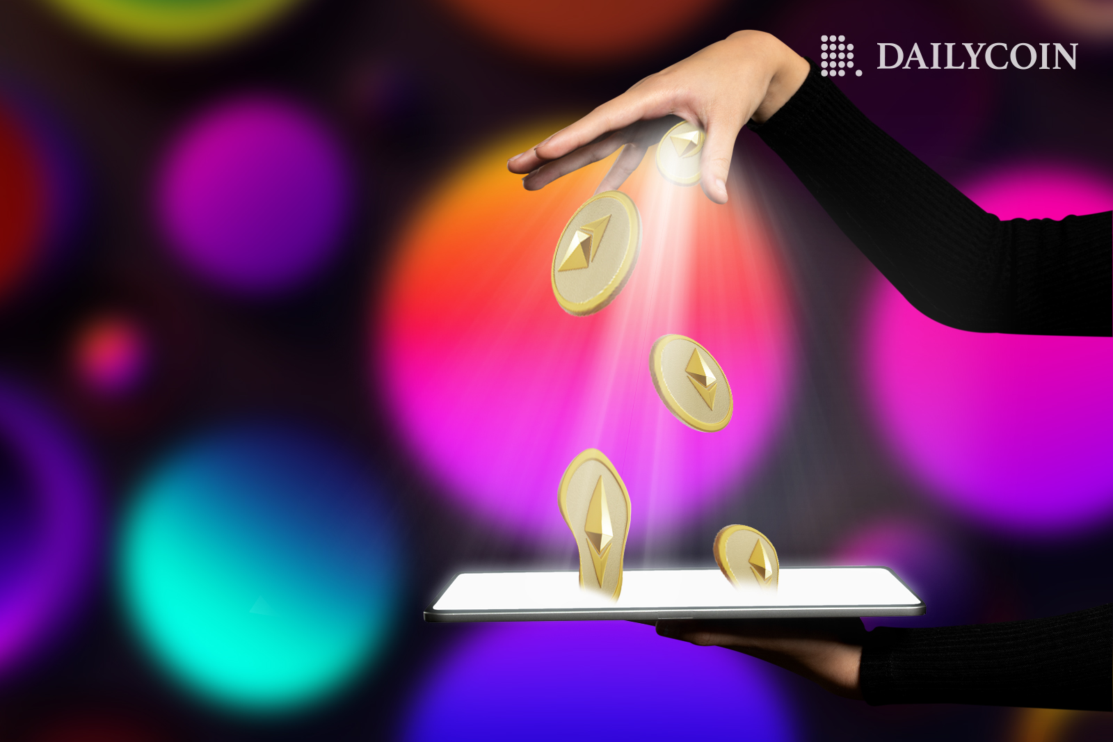 A hand drooping Ethereum coins on a white plate.