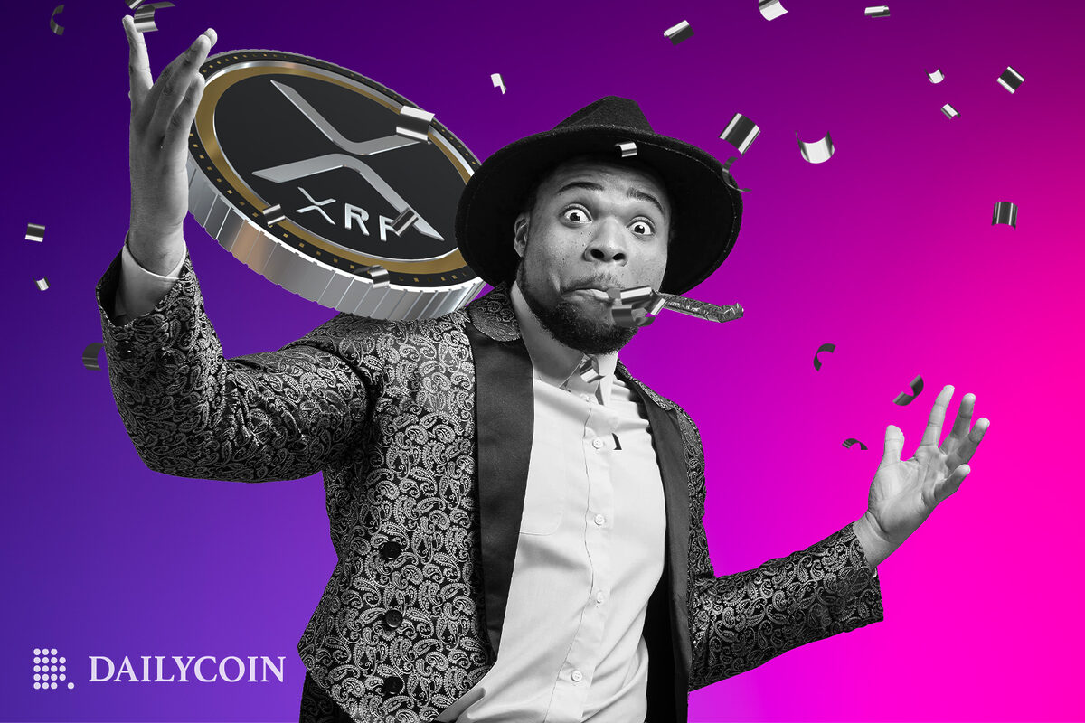 A person in a celebratory pose, with an XRP token.