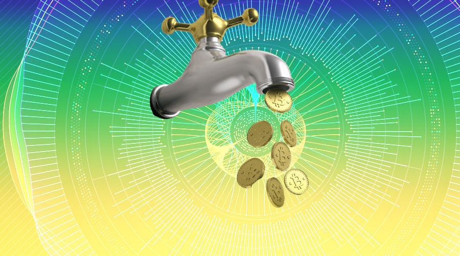 Crypto coins falling out of a faucet inside of a digital space.