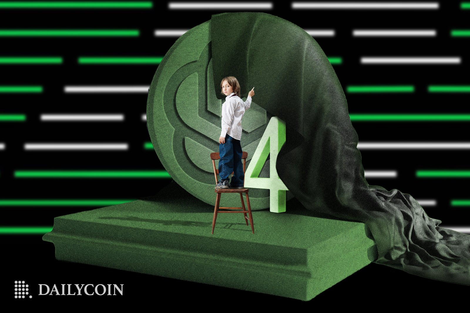 A child pulling down a cover from GPT-4 sculpture.