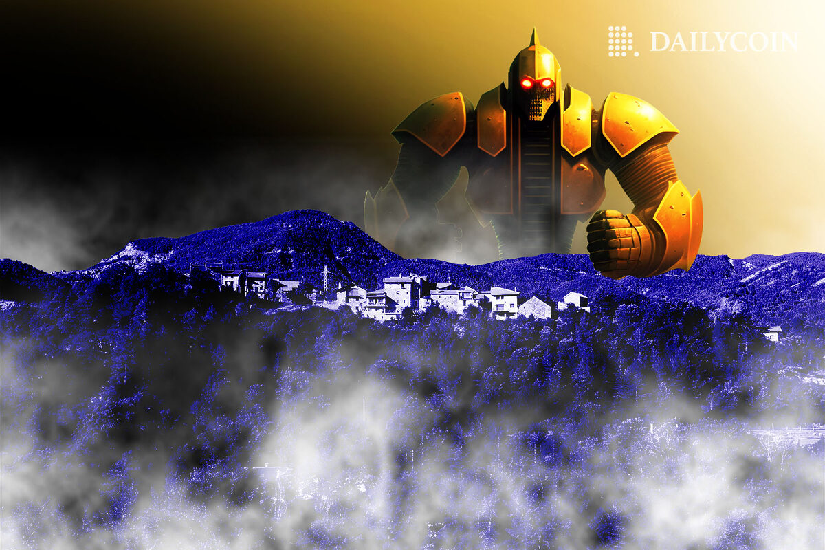 Giant yellow robot coming over the forested hill.