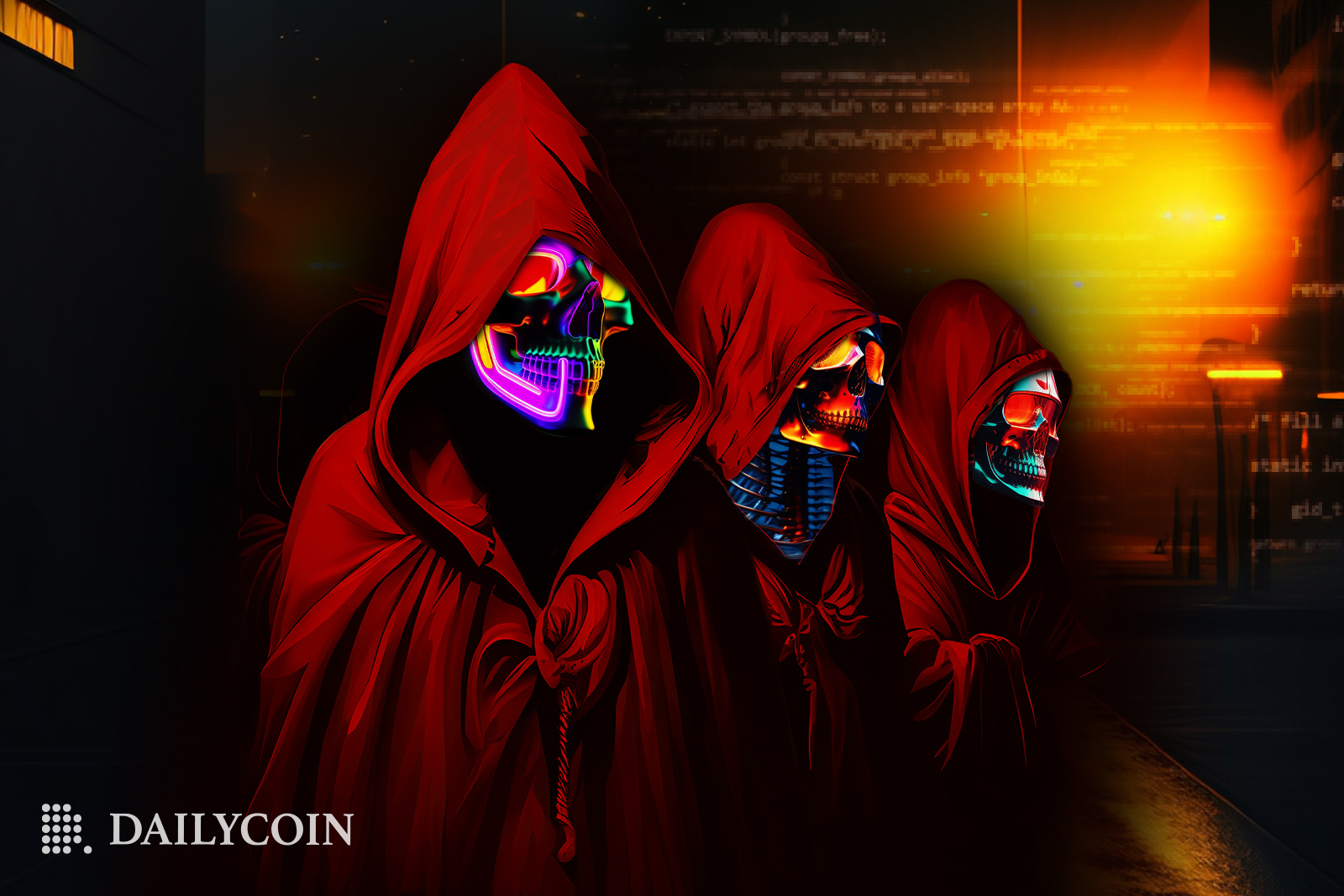 Three colourful skeletons wearing red robes inside of a dungeon.