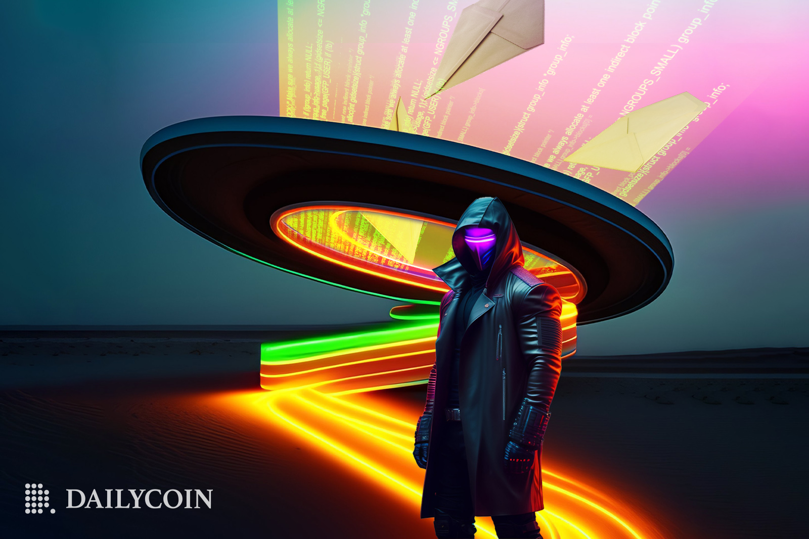 Unknown the sandbox hacker in front of a bright futuristic sculpture.