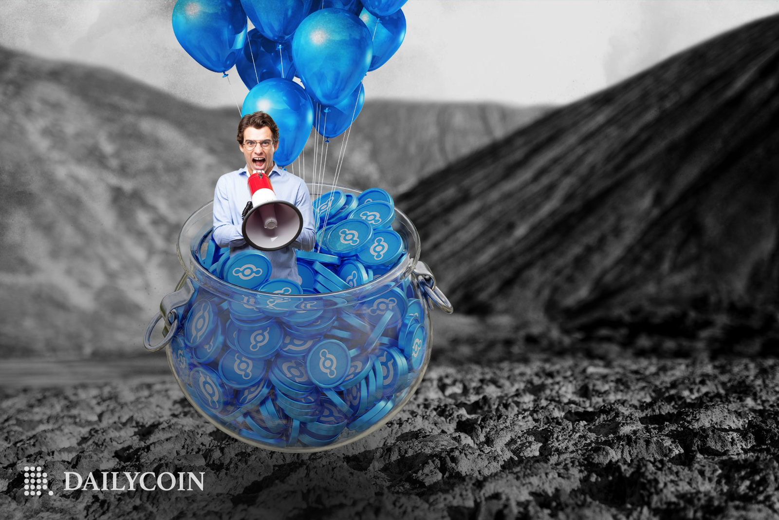 A man shouting with a megaphone while floating on HNT tokens.