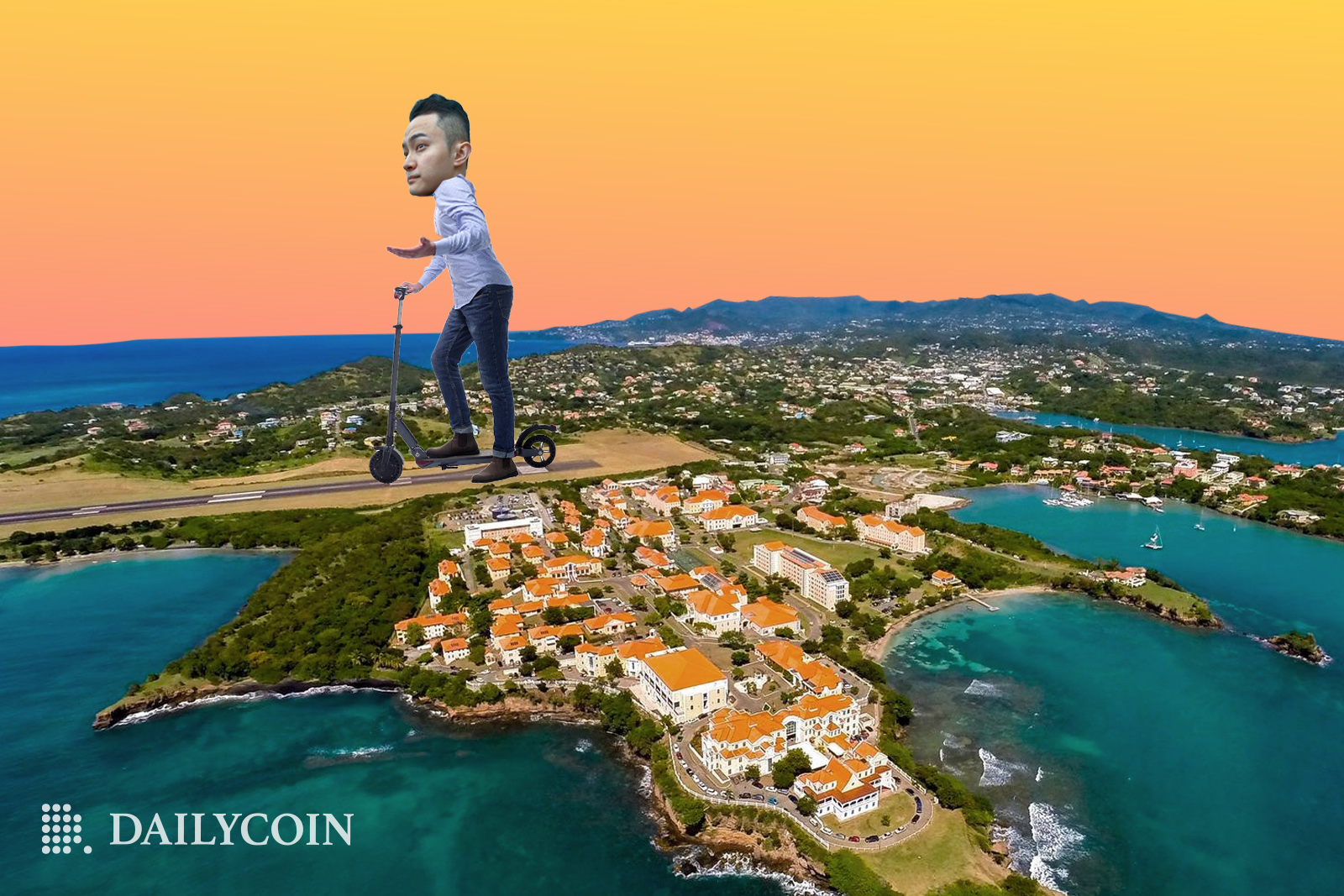 gigantic Justin Sun riding in a scooter at Grenada.