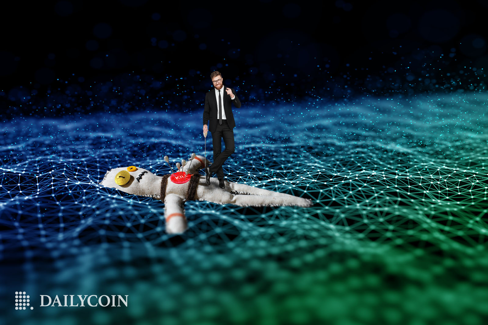 A man standing on a giant doll inside of a digital world. 