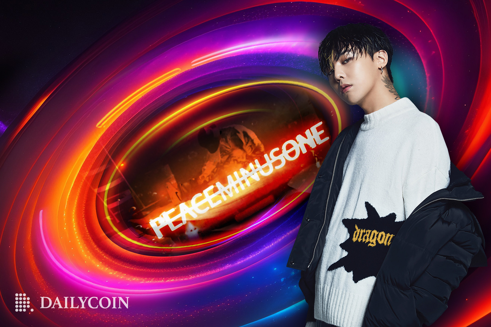 K-pop legend G-Dragon in front of PEACEMINUS ONE logo for NFT.