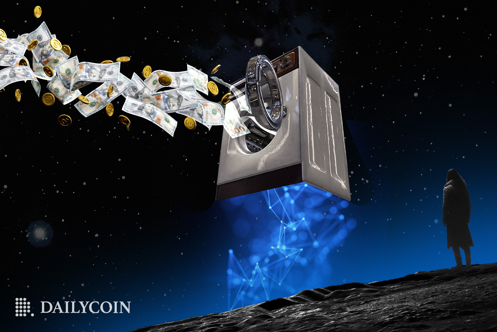 Bitcoin atm wash machine flow in the air with paper funds and coins flying out of it.