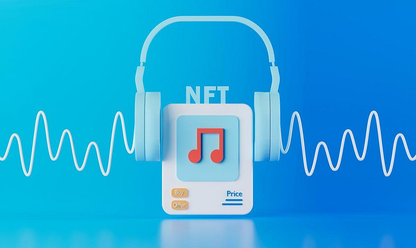 Music player with headphones playing Music NFT.