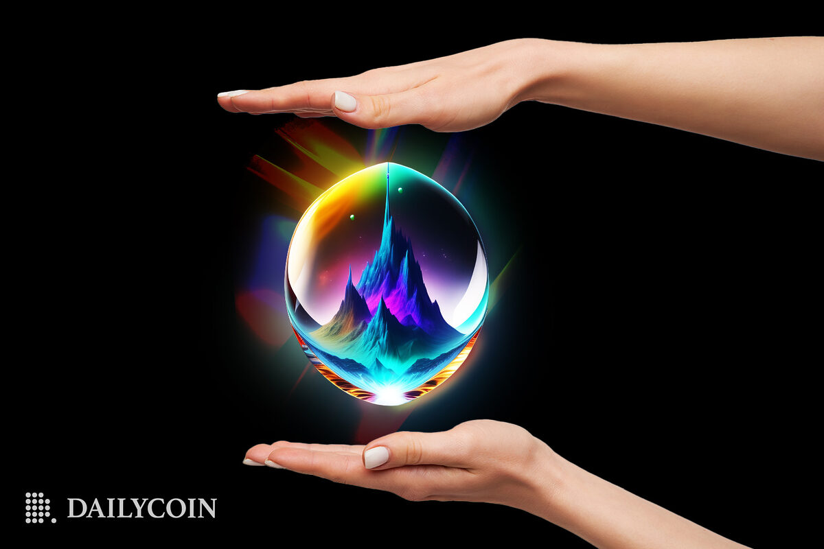 Two hands on top of a Coinbase NFT ball.