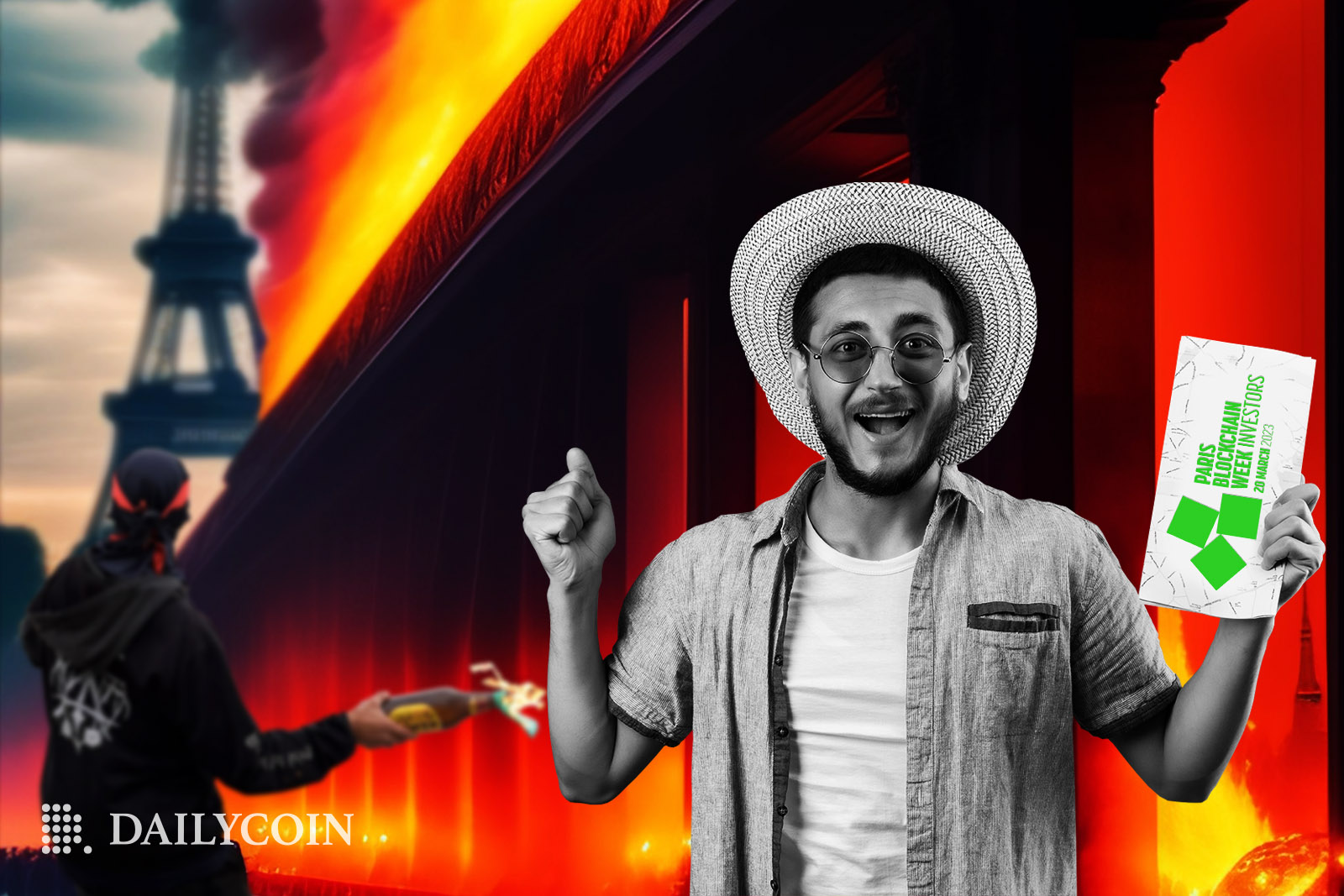 A man in Paris holding a ticket to Paris Blockchain Week.
