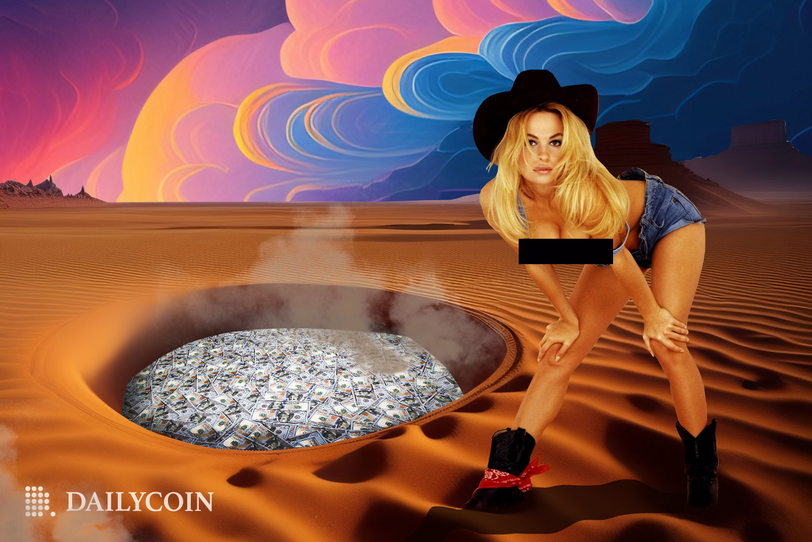 Half nude model next to a burning pit hole with Playboy NFTs.