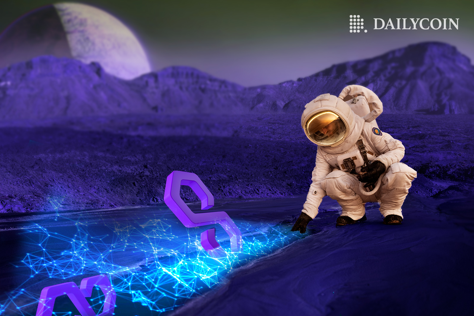 An astronaut touching a web pool with Polygon logos floating in it.