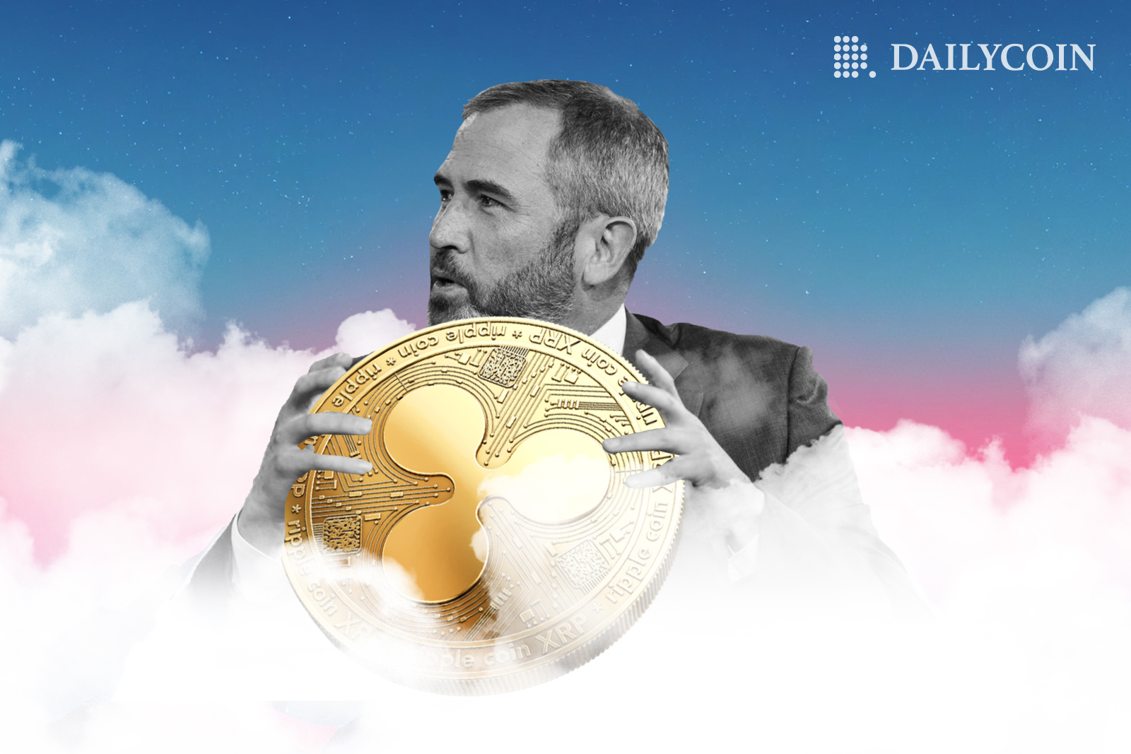 Ripple CEO Brad Garlinghouse holding a Ripple coin above the clouds.