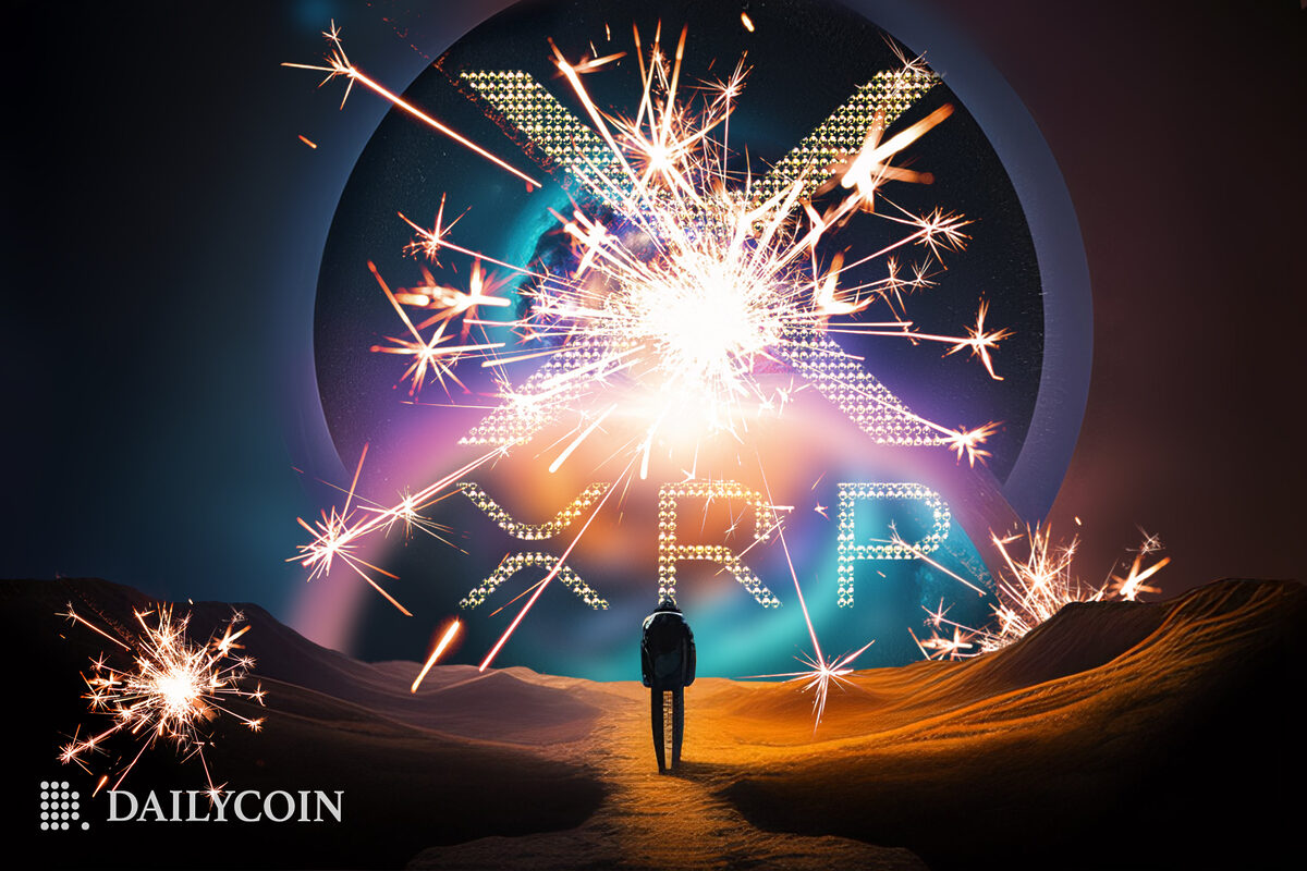 A man standing at the desert staring at an XRP token covered in sparks