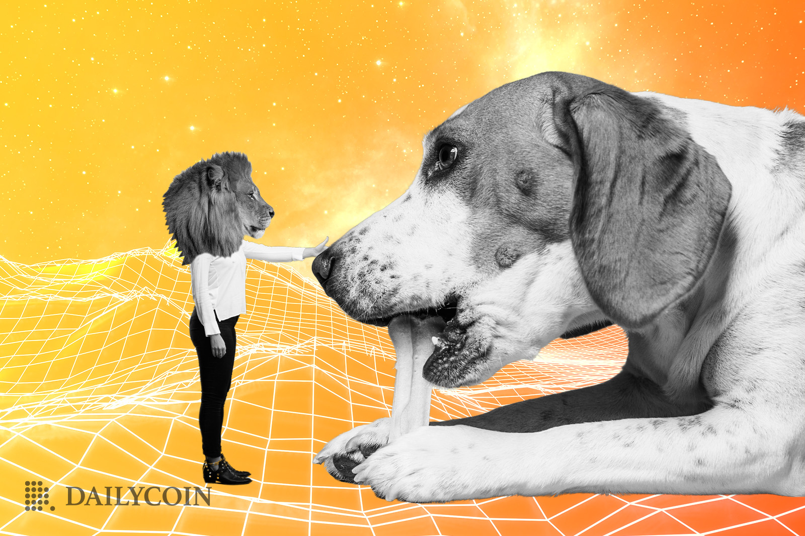 Doge munching on a bone being petted by a human wearing a lion mask.