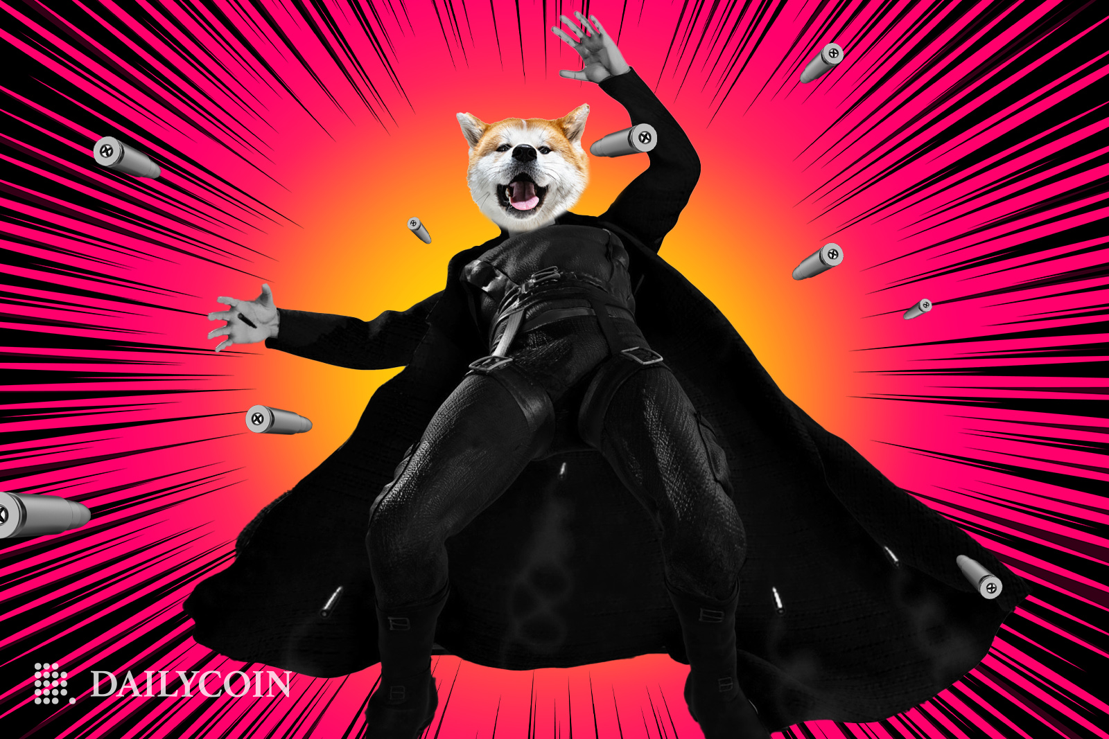 Shiba Inu dog dodges bullets in the crypto matrix.