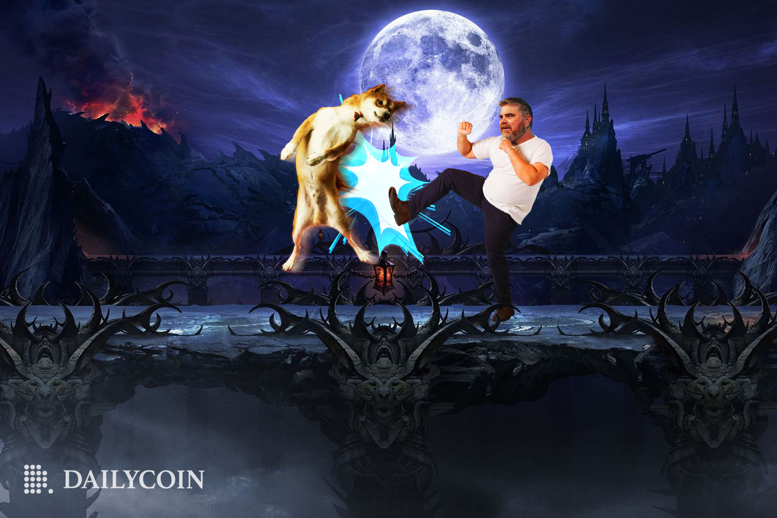 YouTuber Brian 'BitBoy' Armstrong is kicking Shiba Inu's Shytoshi Kusama in Mortal Combat-like surroundings as the moon shines in the center.
