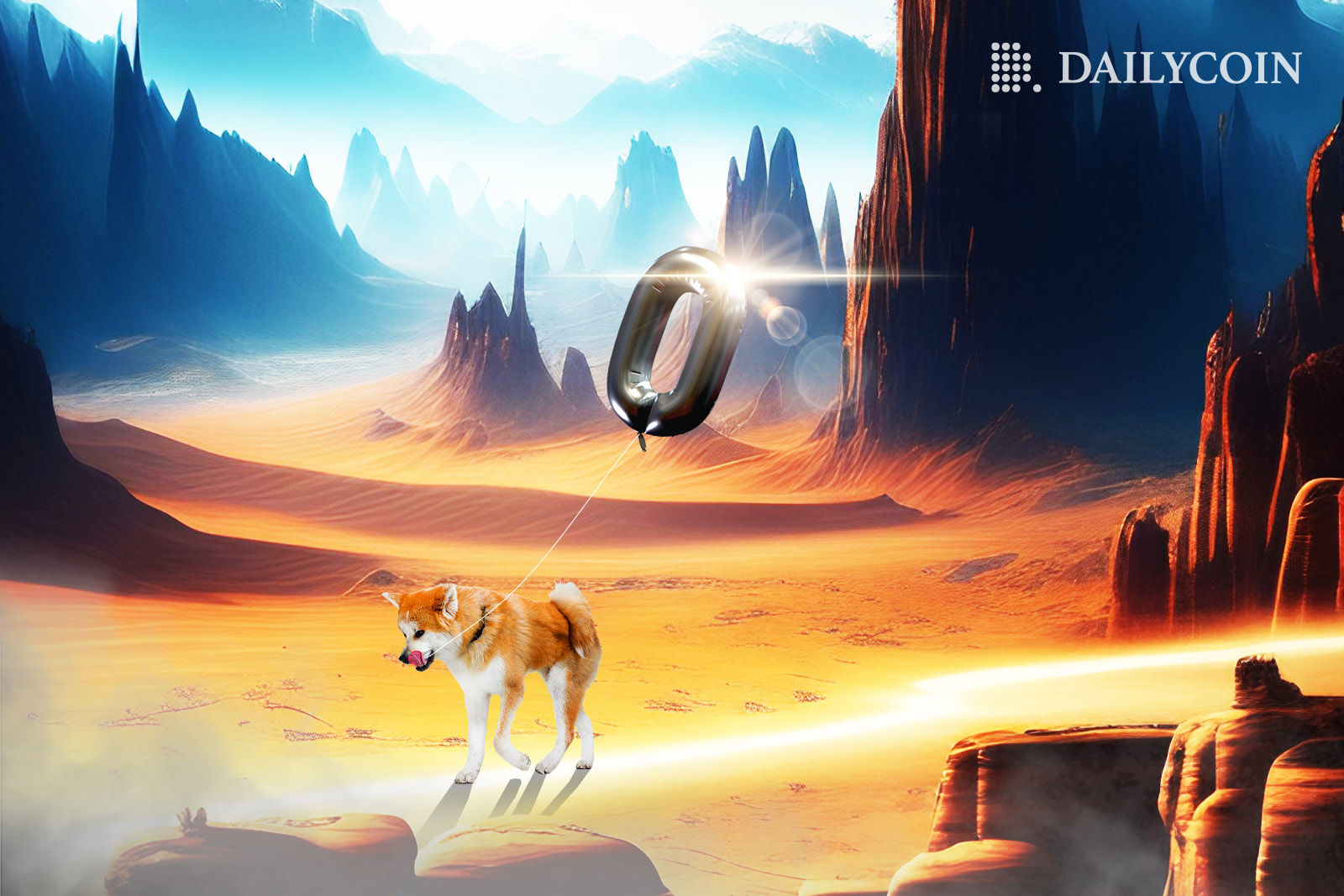 Sad Shiba Inu dog walking around the desert with a balloon that portrays the number zero.