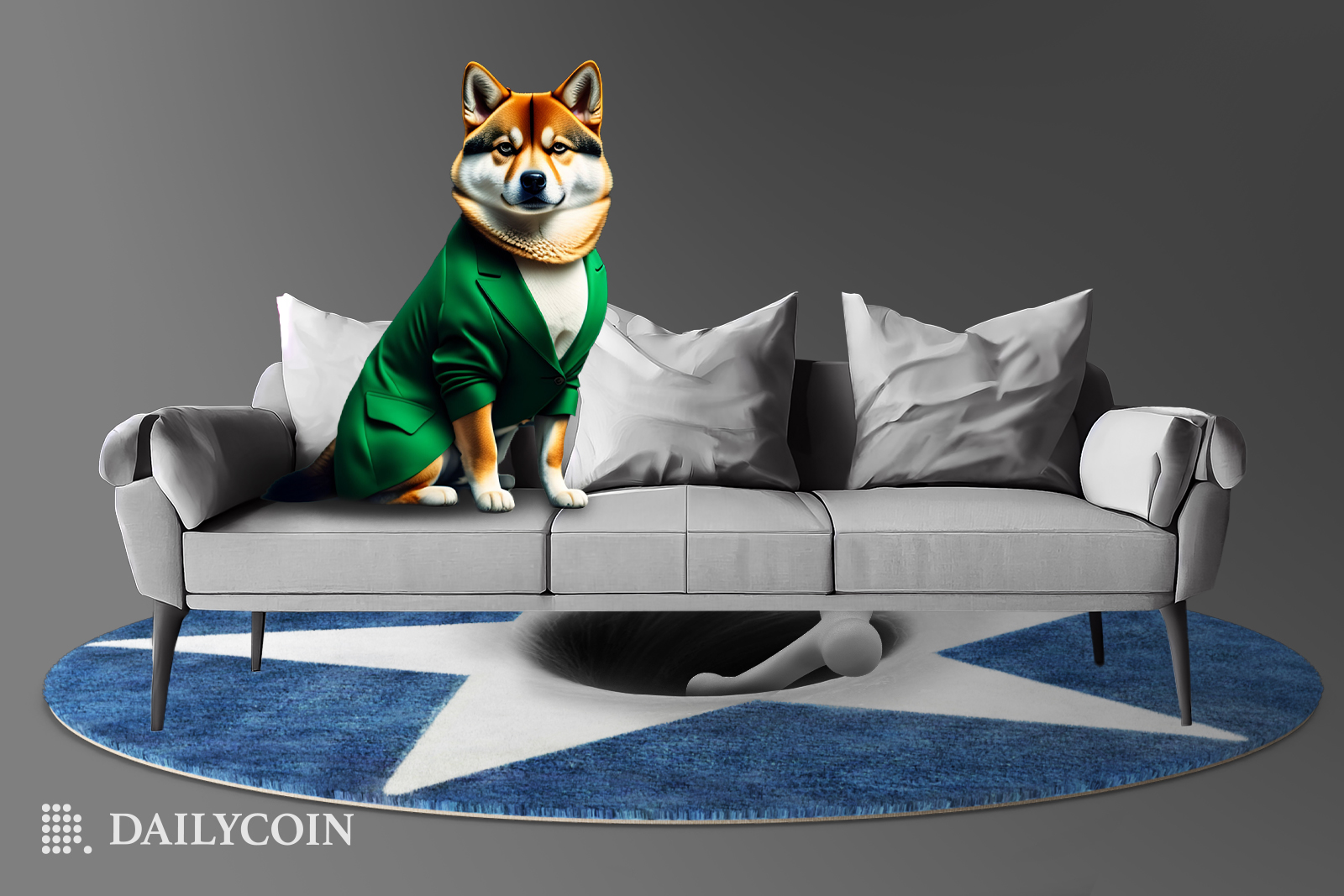 Big Shiba Inu Dog is sitting on a grey sofa in Shibarium as BONE falls down the hole behind the sofa.