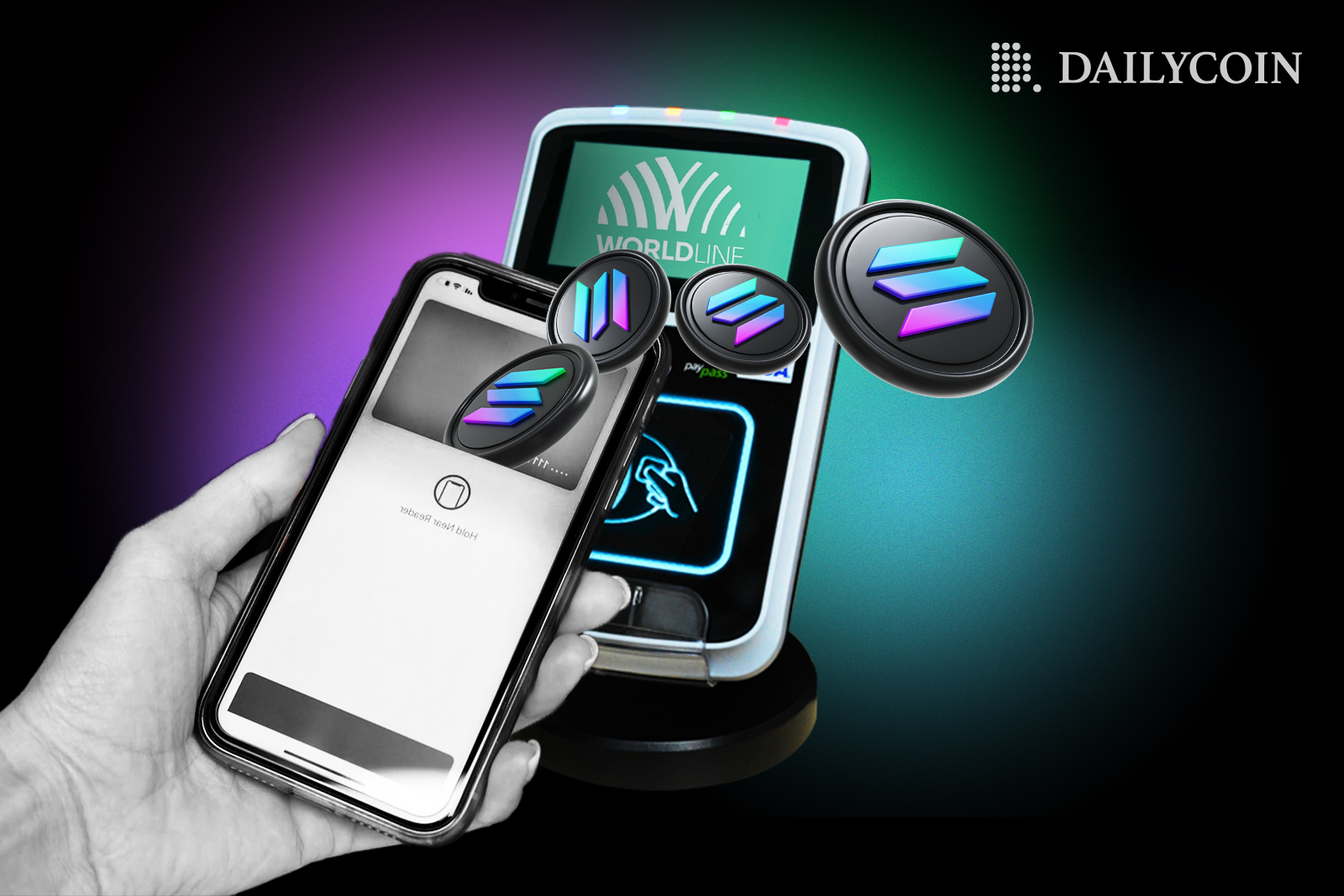 Hand holding phone to transfer SOL tokens to another phone