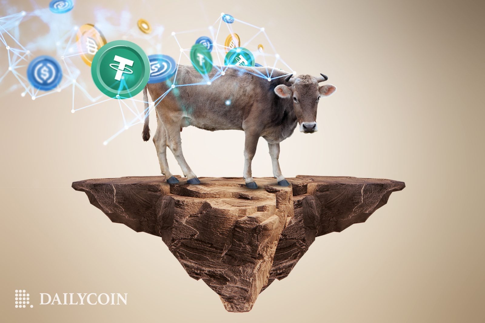 A bull, with a network web of stablecoins flowing out of it, standing on a floating rock platform.