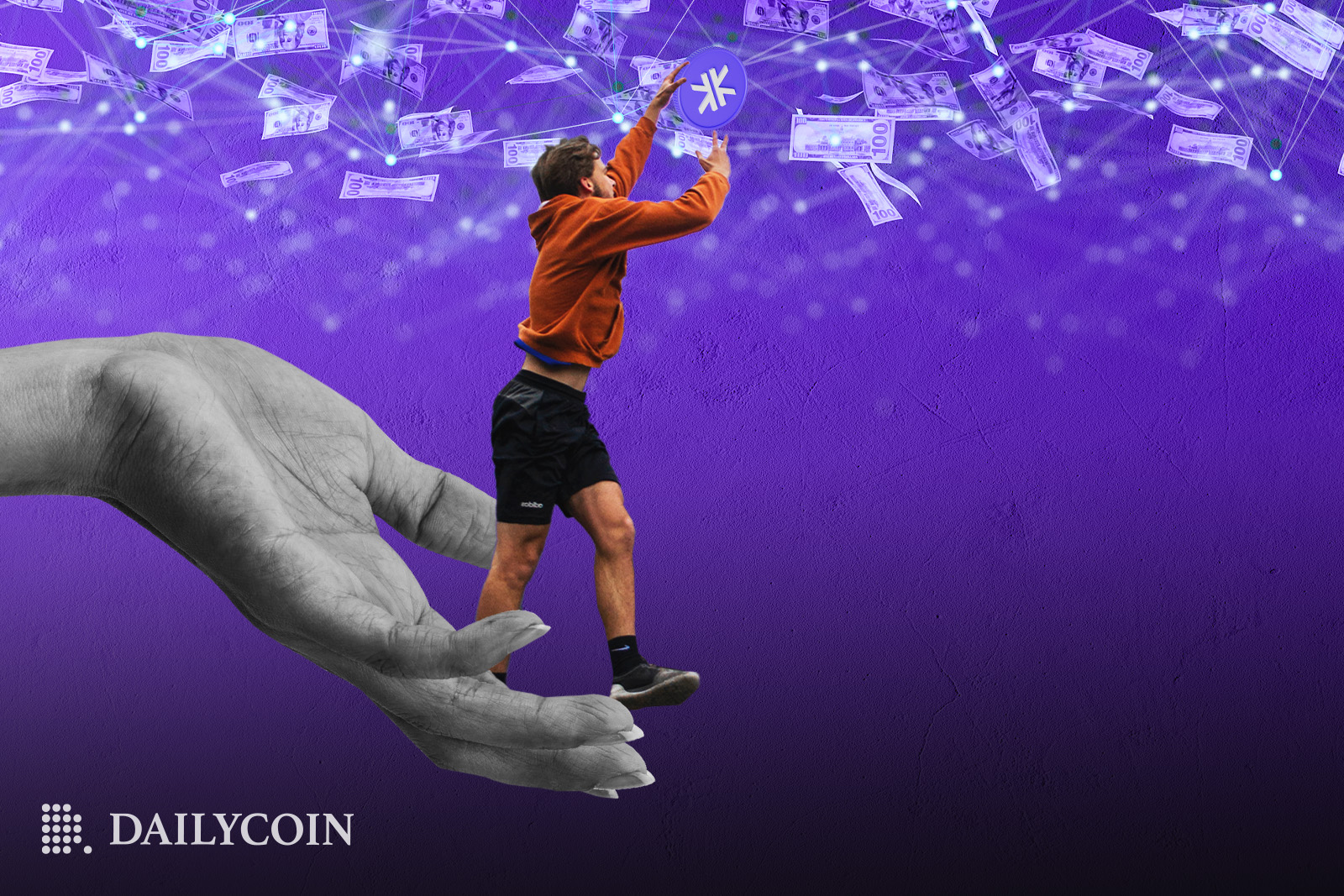 A man on a hand reaching out to hold on to something depicting Stacks regaining $1.