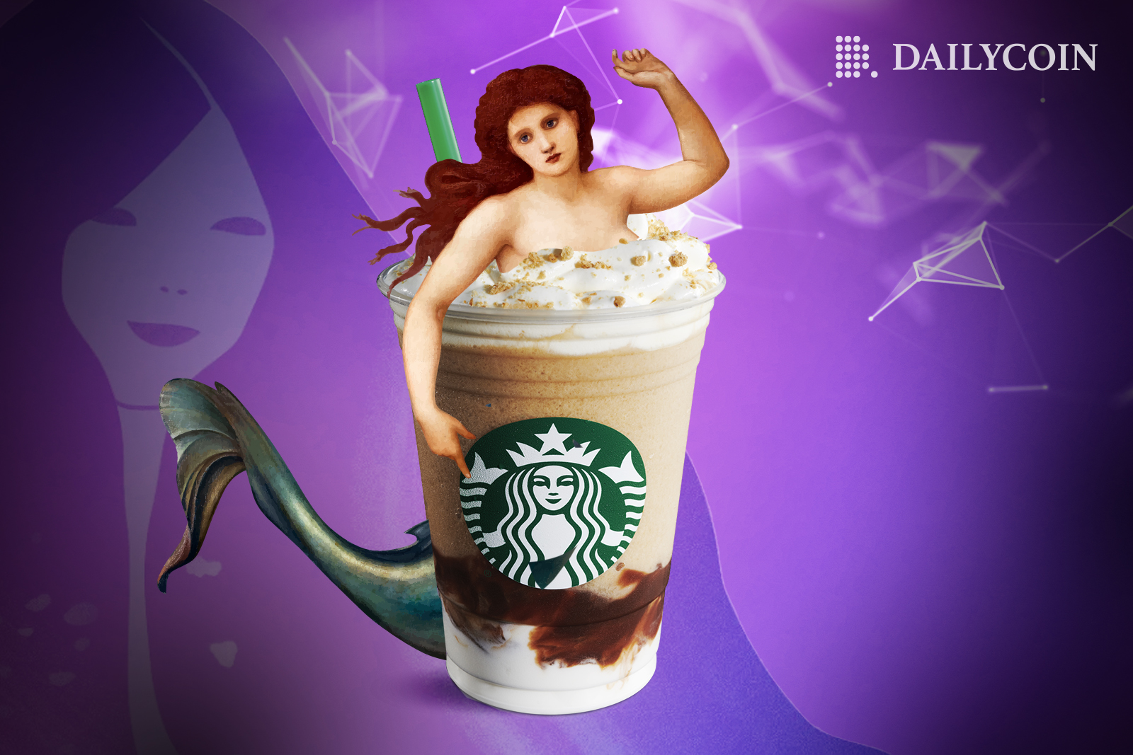 Starbucks siren swimming in a latte Starbucks cup.
