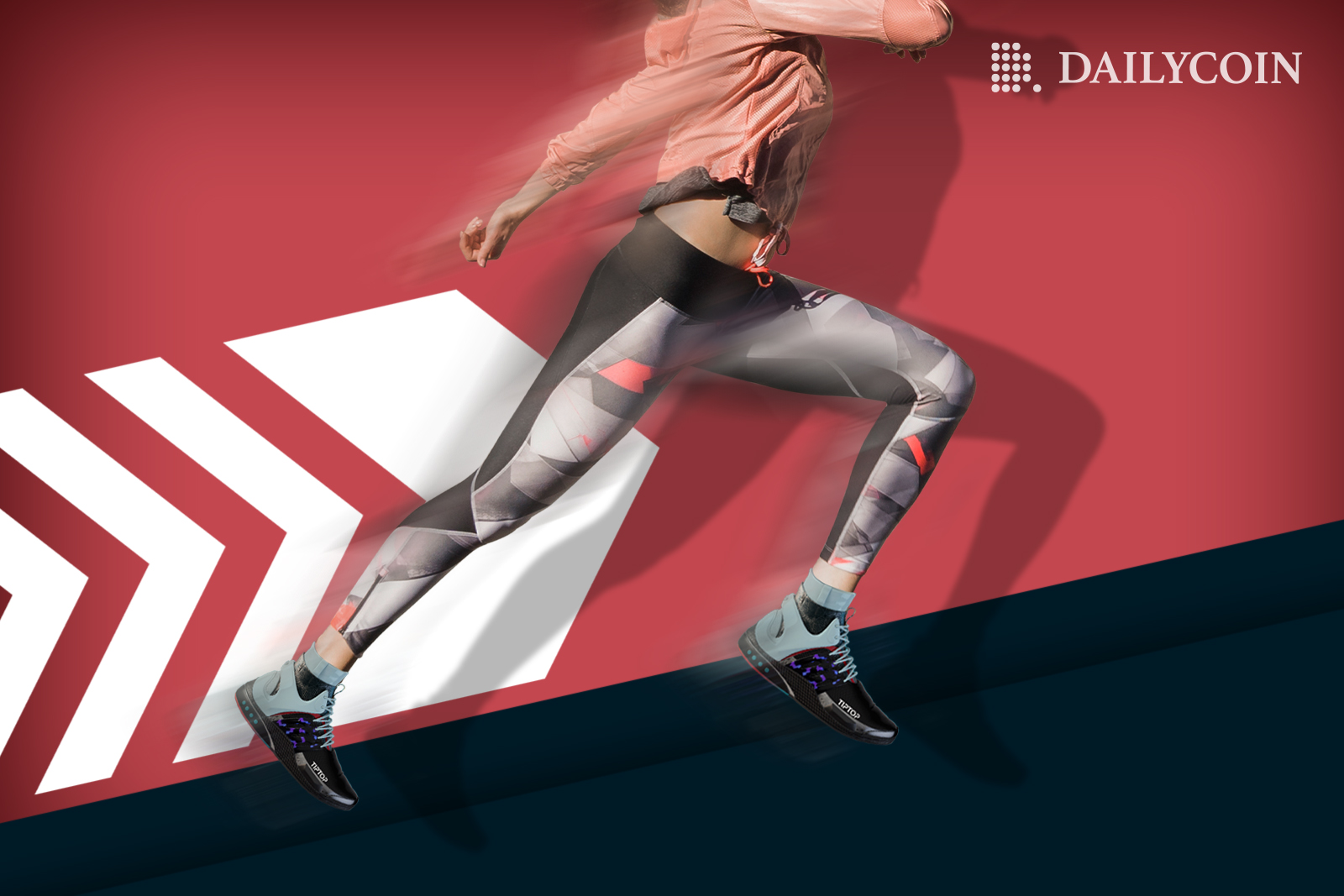 A person running upwards in a TipTop themed background.