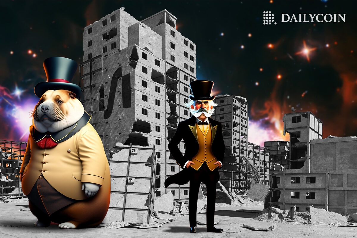 A man and a dog wearing a costume standing at a destroyed city in front of a Silvergate building.