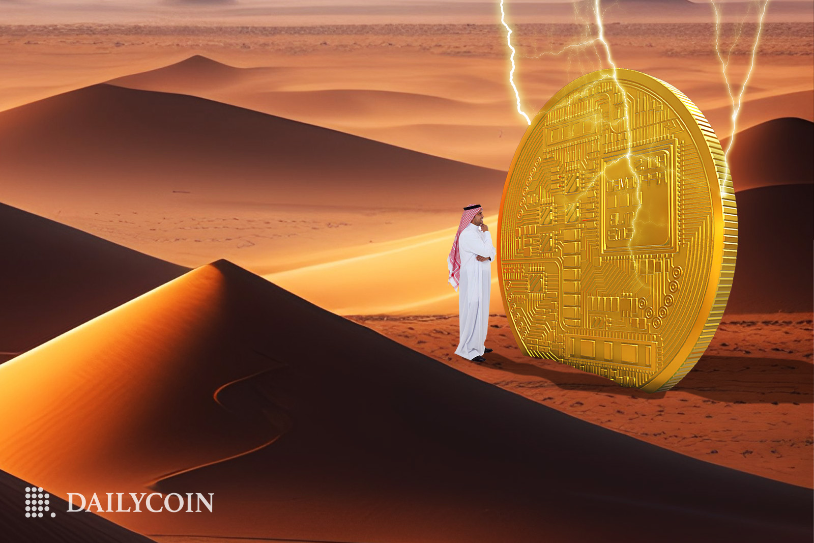 An Arab standing in a desert next to a big coin.