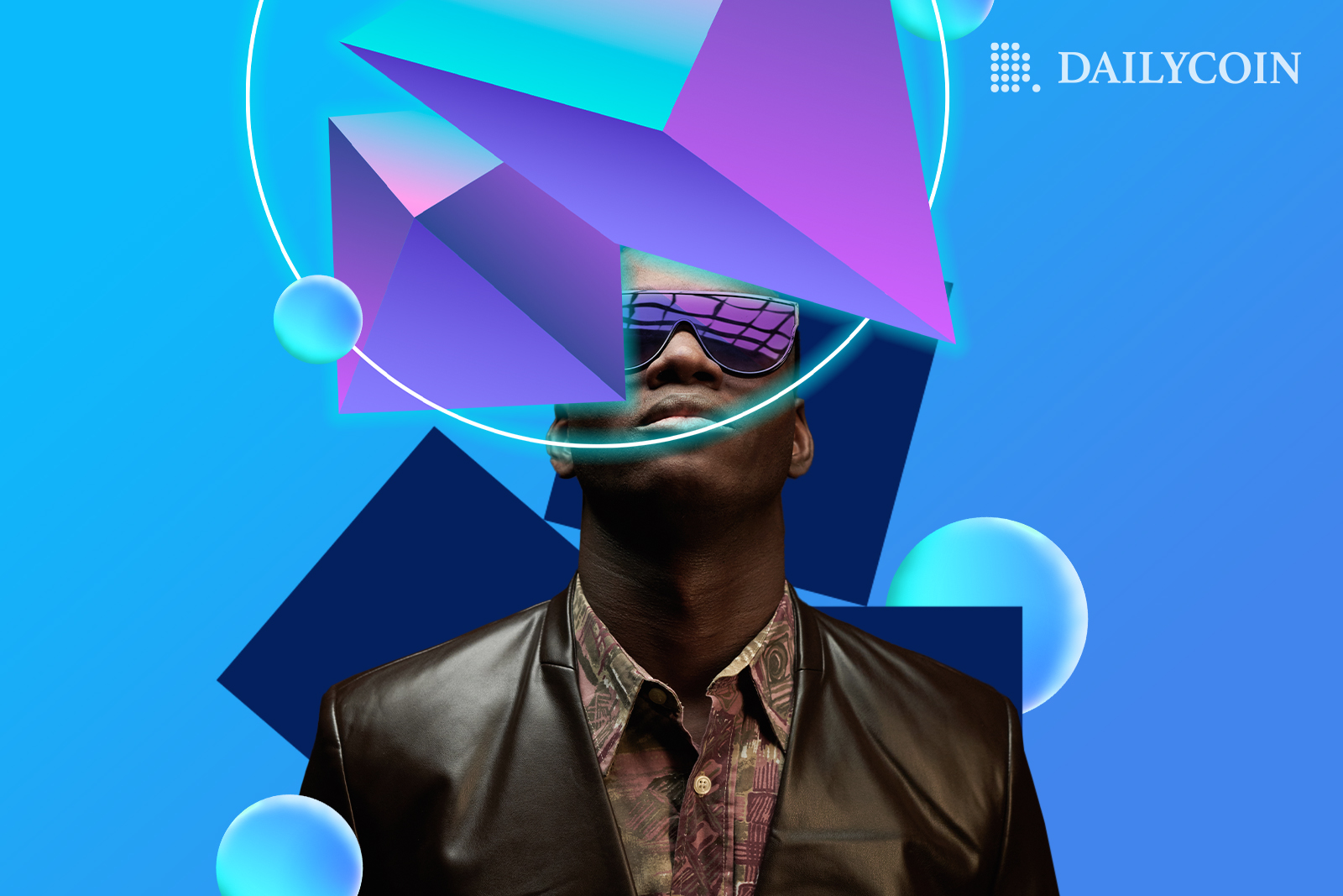 A man with pink sunglasses staring at abstract square blocks.