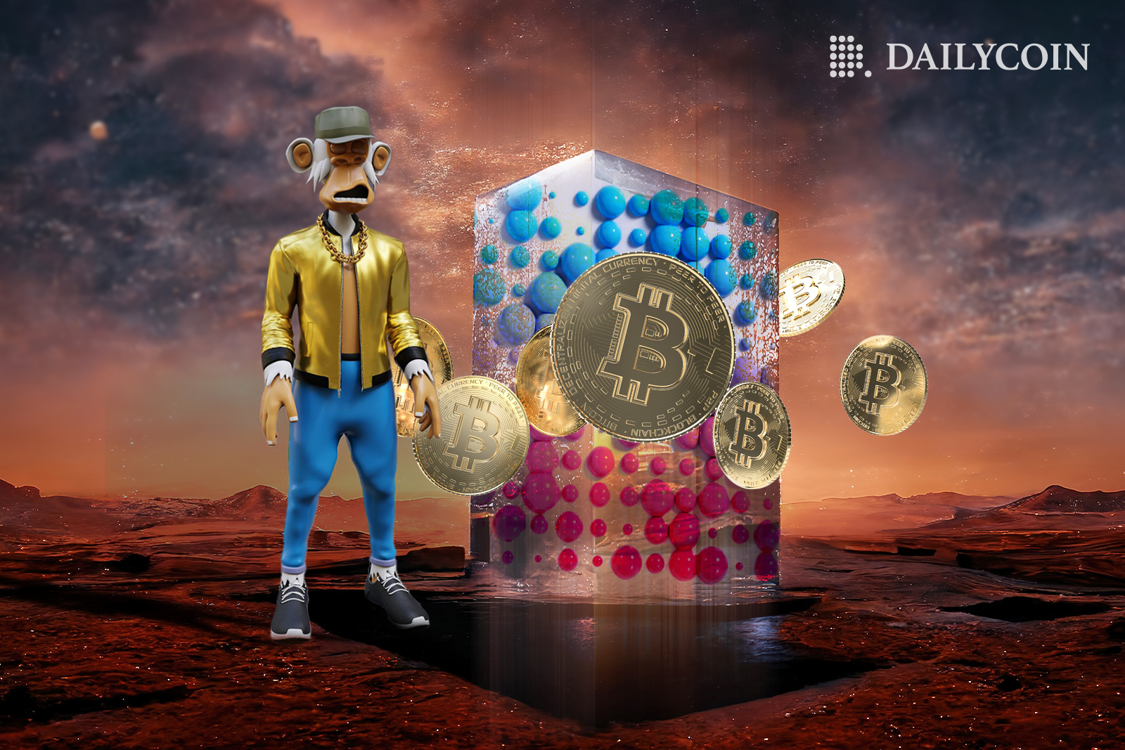 Bored Ape in blue jeans and gold sweater is standing in front of TwelveFold NFT cube as golden Bitcoins are floating around.