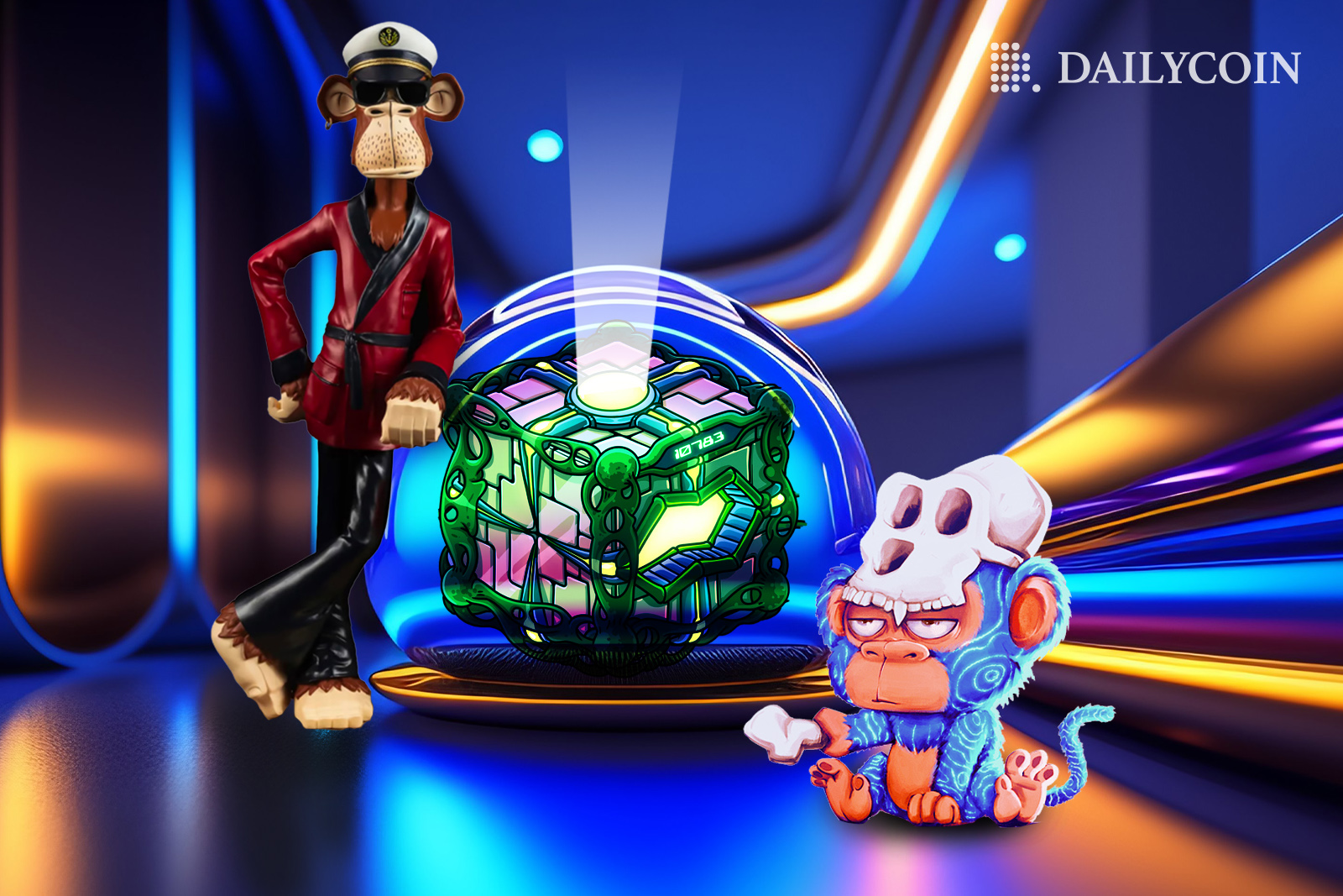 Bored Ape avatar with a captain hat is standing near an Otherdeed NFT land as a little light blue ape uses Yuga Labs trademark skull for a hat.