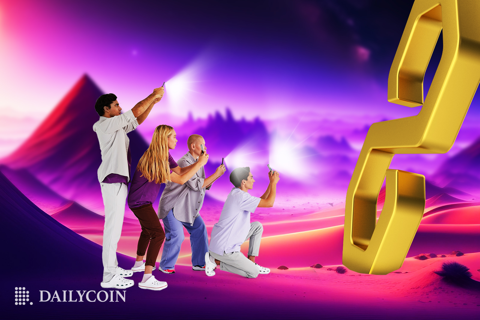 Four people in the middle of a purple desert are taking photos of Polygon logo