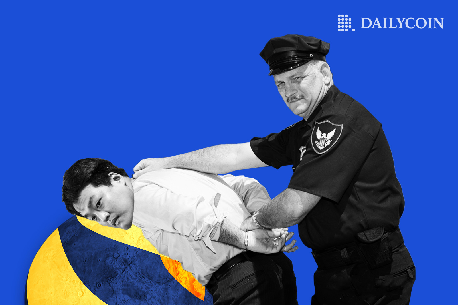 Do Kwon is pressed against TerraForm Labs logo as a satisfied Montenegrin cop handcuffed the corrupt entrepreneur.
