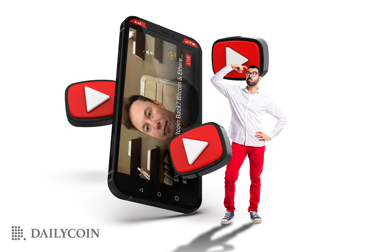 Big smartphone featuring Elon Musk's face is shown in a white background as a confused viewers tries to comprehend if the broadcast is authentic.