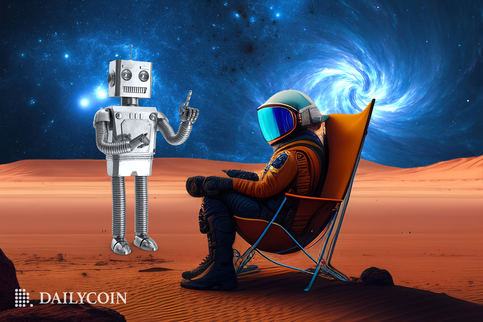 robot communicates with astronaut on the surface of a red, sandy planet