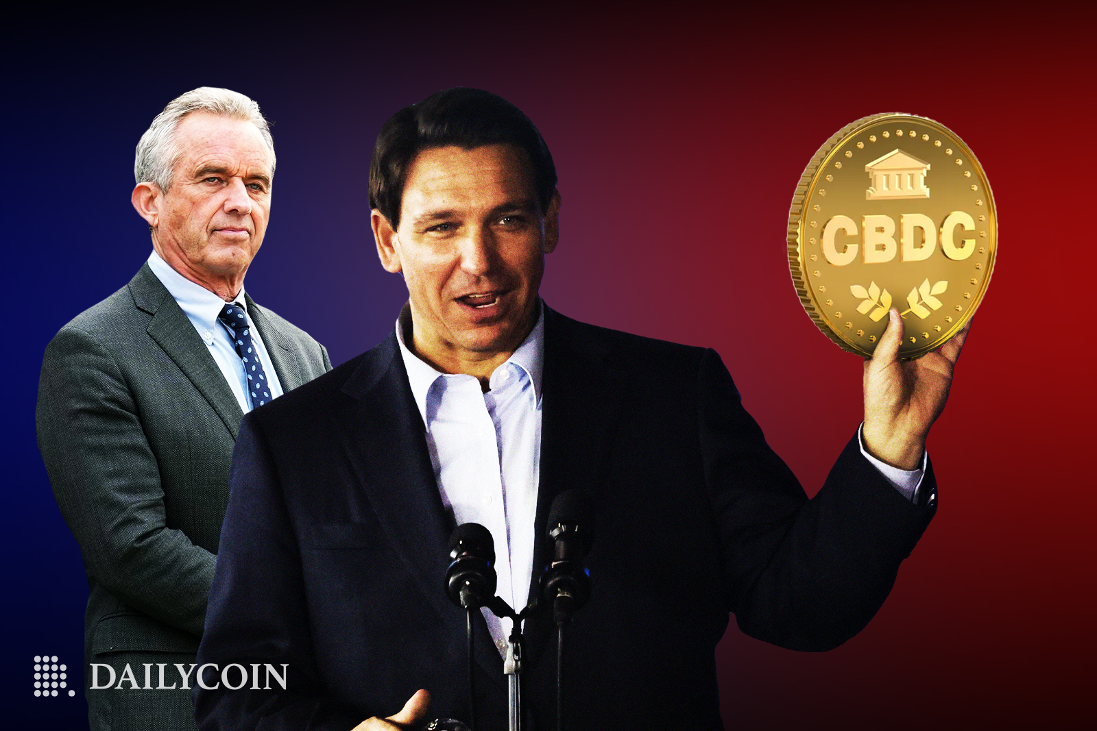Ron DeSantis giving a speech while holding a CBDC in front of Robert F Kennedy Jr.