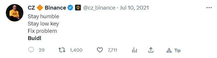 CZ Tweet saying 'buidl'.