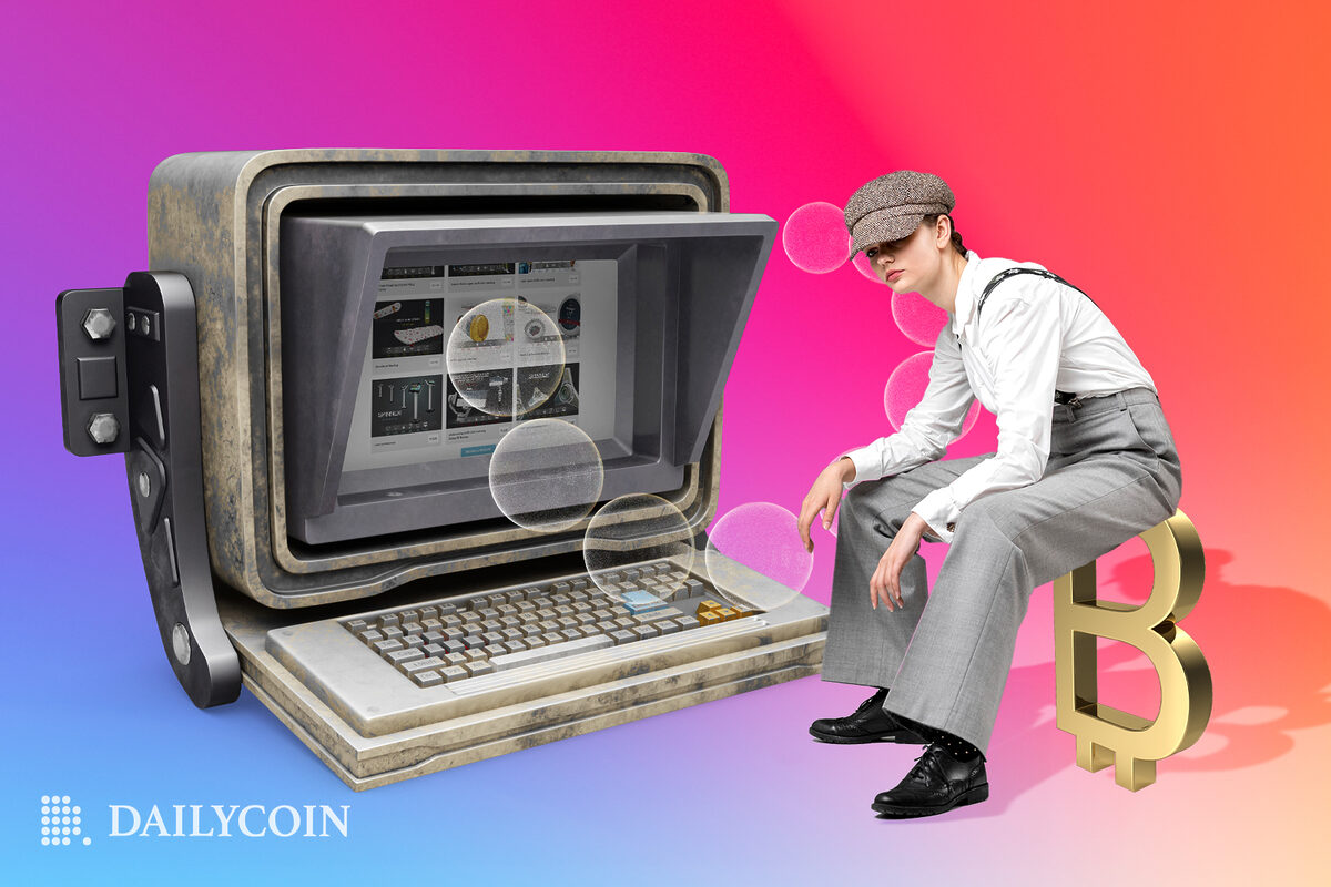 Man sitting new to an old computer with Bitcoin Ordinals inscriptions making a new recording.